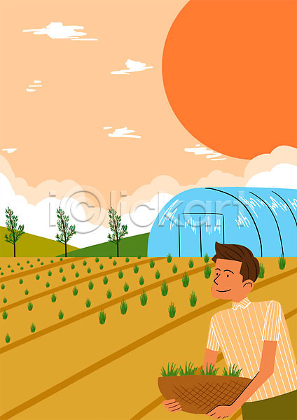 남자 성인 한명 PSD 일러스트 구름(자연) 나무 모종 바구니 방학 밭 비닐하우스 야외 여름(계절) 여름방학 주간 태양