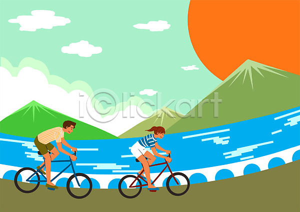 남자 두명 성인 여자 PSD 일러스트 강 구름(자연) 방학 산 여름(계절) 여름방학 자전거 커플 태양