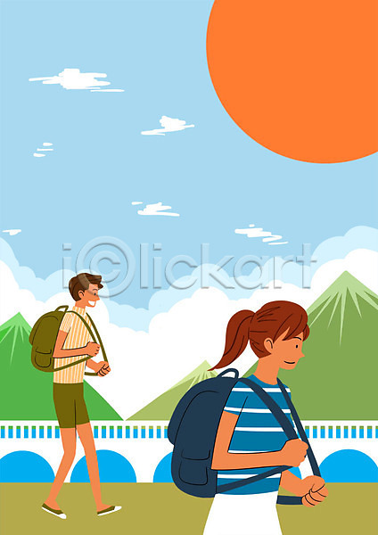 남자 두명 성인 어린이 여자 PSD 일러스트 구름(자연) 방학 배낭 배낭여행 산 여름(계절) 여름방학 태양