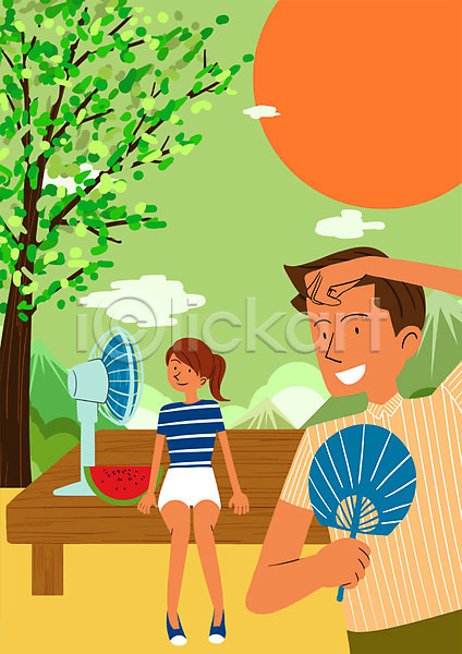 남자 두명 성인 여자 PSD 일러스트 나무 방학 부채 산 선풍기 야외 여름(계절) 여름방학 주간 태양