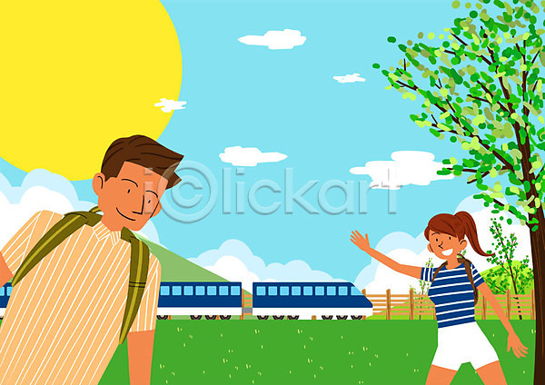 남자 두명 성인 여자 PSD 일러스트 기차 기차여행 나무 방학 야외 여름(계절) 여름방학 주간 태양