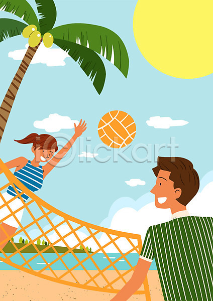 남자 두명 성인 여자 PSD 일러스트 네트 방학 배구 배구공 야외 야자수 여름(계절) 여름방학 주간 커플 태양 해변