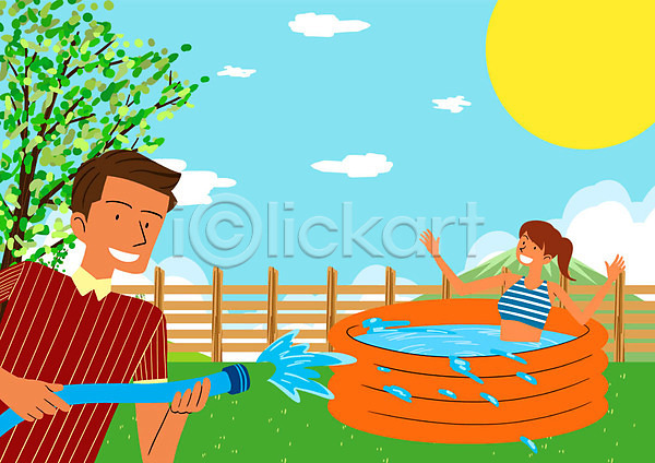 남자 두명 성인 여자 PSD 일러스트 구름(자연) 나무 물놀이 방학 야외 여름(계절) 여름방학 울타리 주간 태양 호스
