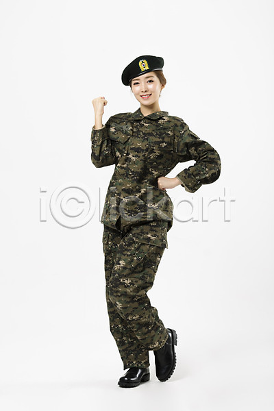 귀여움 20대 성인 성인여자한명만 여자 한국인 한명 JPG 앞모습 포토 군복 미소(표정) 서기 스튜디오촬영 실내 여군 전신 파이팅