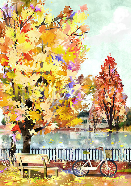 사람없음 PSD 일러스트 가을(계절) 가을배경 강 계절백그라운드 나무 단풍 벤치 야외 울타리 자전거 주간 주택 풍경(경치)