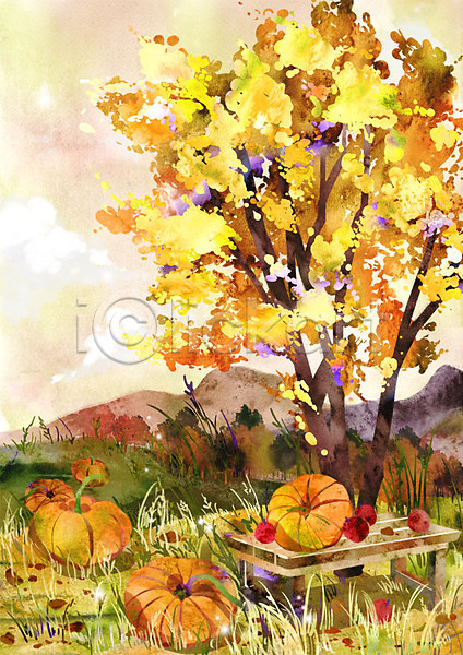 사람없음 PSD 일러스트 가을(계절) 가을배경 계절백그라운드 나무 단풍 사과 산 야외 주간 풍경(경치) 호박