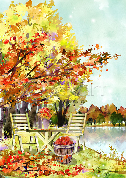 사람없음 PSD 일러스트 가을(계절) 가을배경 계절백그라운드 나무 단풍 바구니 사과 야외 의자 주간 탁자 풍경(경치) 호수