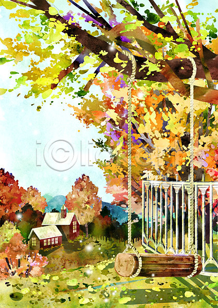 사람없음 PSD 일러스트 가을(계절) 가을배경 계절백그라운드 나무 나무그네 단풍 야외 울타리 주간 주택 풍경(경치)