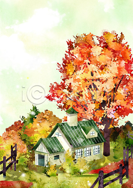 사람없음 PSD 일러스트 가을(계절) 가을배경 계절백그라운드 나무 단풍 야외 울타리 주간 주택 풍경(경치)