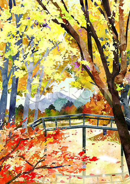 사람없음 PSD 일러스트 가을(계절) 가을배경 계절백그라운드 나무 다리 단풍 산 숲 야외 주간 풍경(경치)