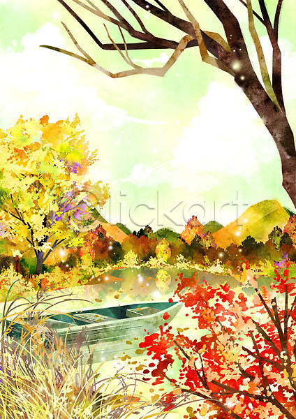 사람없음 PSD 일러스트 가을(계절) 가을배경 계절백그라운드 나무 단풍 배 산 야외 주간 풍경(경치) 호수