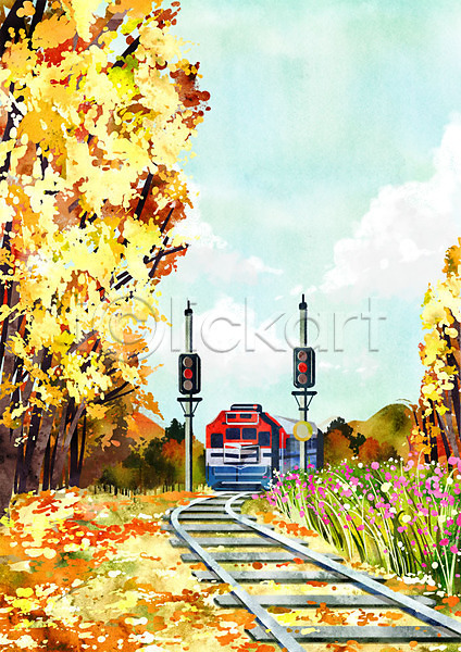 사람없음 PSD 일러스트 가을(계절) 가을배경 계절백그라운드 기차 기찻길 나무 단풍 신호등 야외 주간 철도의날 풍경(경치)