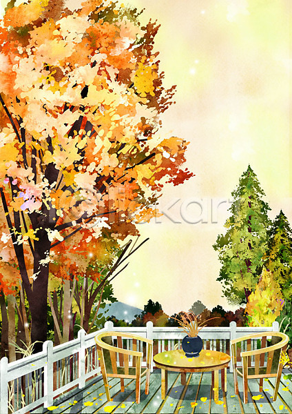사람없음 PSD 일러스트 가을(계절) 가을배경 계절백그라운드 나무 단풍 야외 야외테라스 울타리 의자 주간 탁자 풍경(경치) 화분