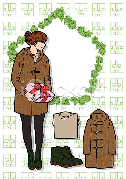 성인 여자 한명 PSD 일러스트 선물 스웨터 워커 코디 코트 패션 프레임