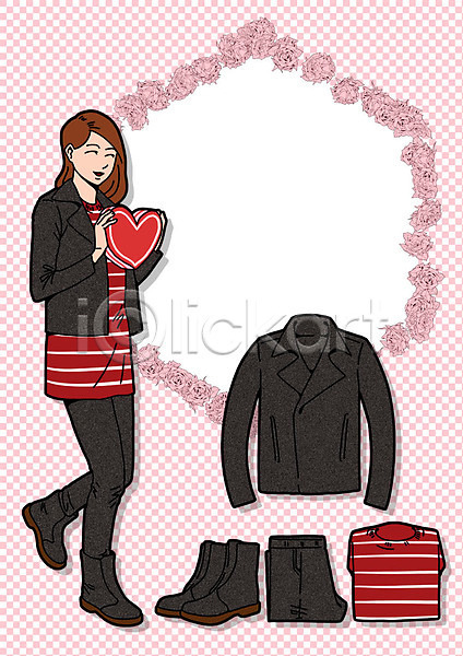 성인 여자 한명 PSD 일러스트 바지 선물 스웨터 워커 재킷 코디 패션 프레임