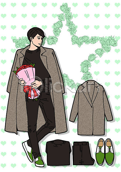 남자 성인 한명 PSD 일러스트 구두 꽃다발 바지 선물 스웨터 코디 코트 패션 프레임