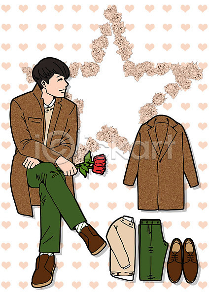 남자 성인 한명 PSD 일러스트 구두 꽃 바지 선물 스웨터 코디 코트 패션 프레임