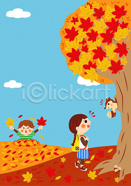 남자 두명 어린이 여자 AI(파일형식) 일러스트 프레임일러스트 가을(계절) 가을소풍 나무 낙엽 다람쥐 단풍 도토리 소풍 프레임