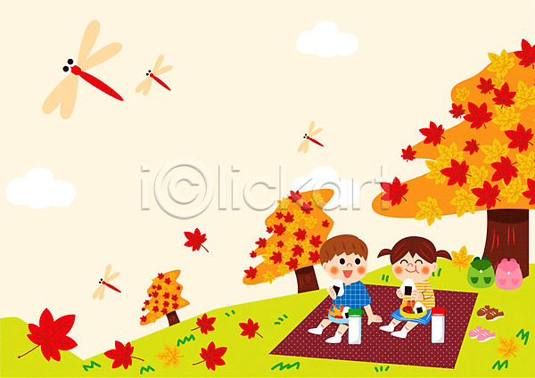 남자 두명 어린이 여자 일러스트 프레임일러스트 가을(계절) 가을소풍 나무 낙엽 단풍 도시락 돗자리 배낭 소풍 언덕 잠자리 주먹밥 프레임