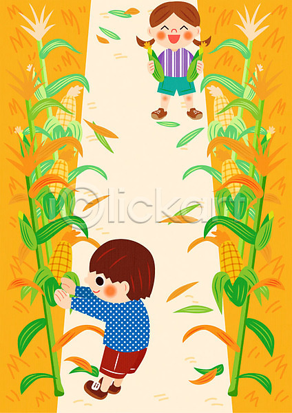 체험학습 남자 두명 어린이 여자 AI(파일형식) 일러스트 프레임일러스트 가을(계절) 가을소풍 소풍 옥수수 옥수수밭 프레임