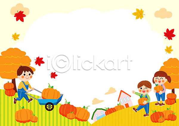 남자 세명 어린이 여자 AI(파일형식) 일러스트 프레임일러스트 가을(계절) 가을소풍 나무 농작물 단풍 수레 주택 프레임 호박