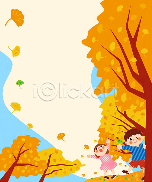 남자 두명 어린이 여자 AI(파일형식) 일러스트 프레임일러스트 가을(계절) 가을소풍 나무 낙엽 소풍 은행나무 은행잎 프레임