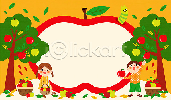 남자 두명 어린이 여자 AI(파일형식) 일러스트 프레임일러스트 가을(계절) 가을소풍 낙엽 바구니 사과 사과나무 소풍 애벌레 프레임