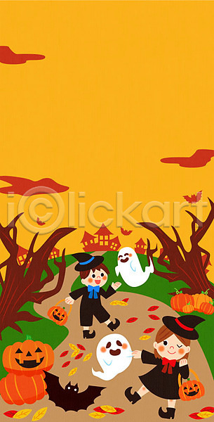남자 두명 어린이 여자 AI(파일형식) 일러스트 프레임일러스트 가을(계절) 가을소풍 나무 낙엽 박쥐 소풍 유령 잭오랜턴 프레임 할로윈 호박