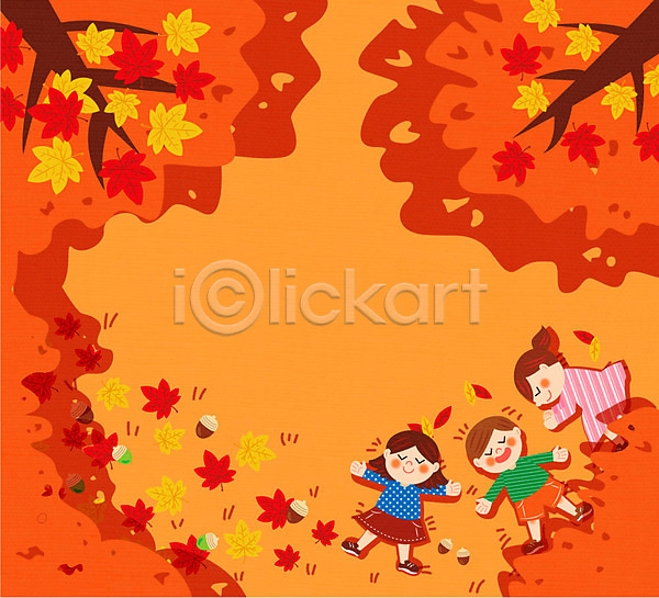 남자 세명 어린이 여자 AI(파일형식) 일러스트 프레임일러스트 가을(계절) 가을소풍 나무 낙엽 눕기 단풍 도토리 소풍 프레임