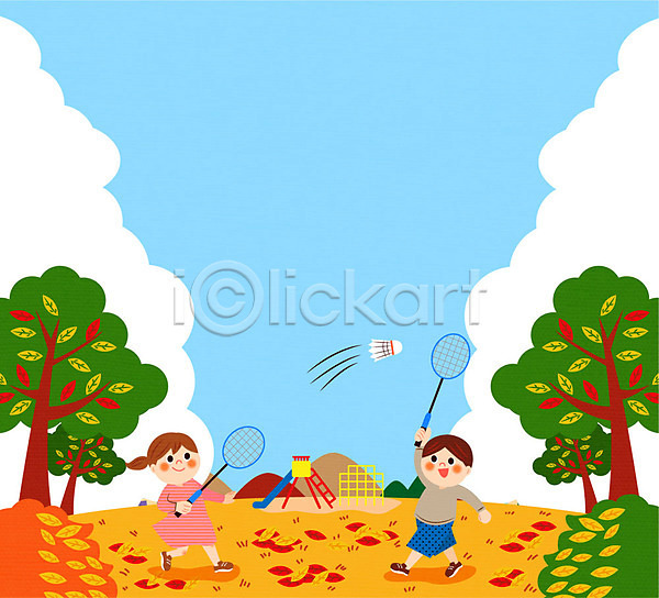 남자 두명 어린이 여자 AI(파일형식) 일러스트 프레임일러스트 가을(계절) 가을소풍 나무 낙엽 놀이터 배드민턴 배드민턴라켓 셔틀콕 소풍 프레임
