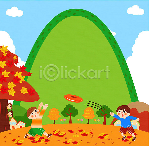 남자 두명 어린이 AI(파일형식) 일러스트 프레임일러스트 가을(계절) 가을소풍 나무 낙엽 다람쥐 산 소풍 원반던지기 프레임