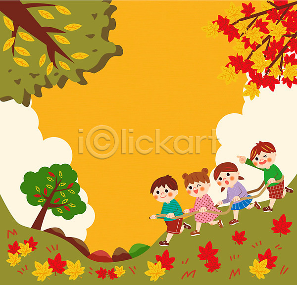 남자 어린이 여러명 여자 AI(파일형식) 일러스트 프레임일러스트 가을(계절) 가을소풍 기차놀이 나무 낙엽 단풍 소풍 프레임