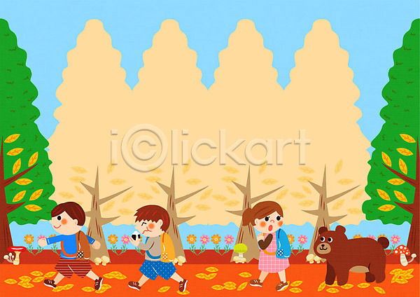 남자 세명 어린이 여자 AI(파일형식) 일러스트 프레임일러스트 가을(계절) 가을소풍 곰 나무 낙엽 배낭 버섯 소풍 숲 주먹밥 프레임
