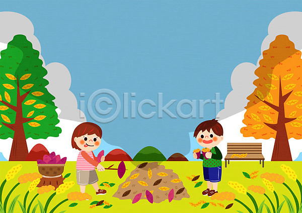 남자 두명 어린이 여자 AI(파일형식) 일러스트 프레임일러스트 가을(계절) 가을소풍 고구마 나무 낙엽 바구니 벤치 소풍 프레임