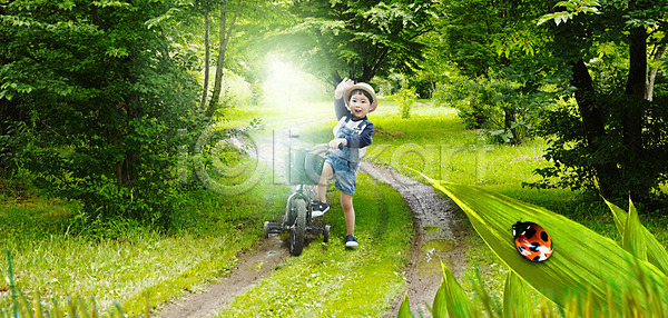 남자 어린이 한국인 한명 PSD 편집이미지 무당벌레 숲 자연 자전거 편집 풀잎