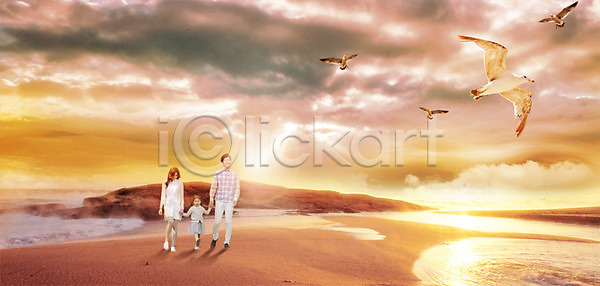 남자 성인 세명 여자 한국인 PSD 편집이미지 가족 갈매기 야외 이미지편집 일몰 편집 해변