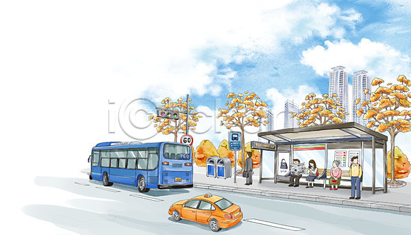 남자 노년 여러명 여자 PSD 일러스트 교통 교통수단 나무 백그라운드 버스 버스정류장 버스표지판 보행자 빌딩 수채화(물감) 신호등 쓰레기통 야외 주간 택시