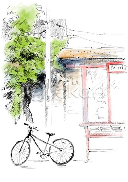 사람없음 PSD 일러스트 나무 도시 도시풍경 자전거 전봇대(시설물) 캘리그라피 풍경(경치)