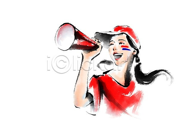 즐거움 성인 여자 한명 PSD 앞모습 일러스트 붉은악마 상반신 외침 월드싸커 응원 캘리그라피 확성기