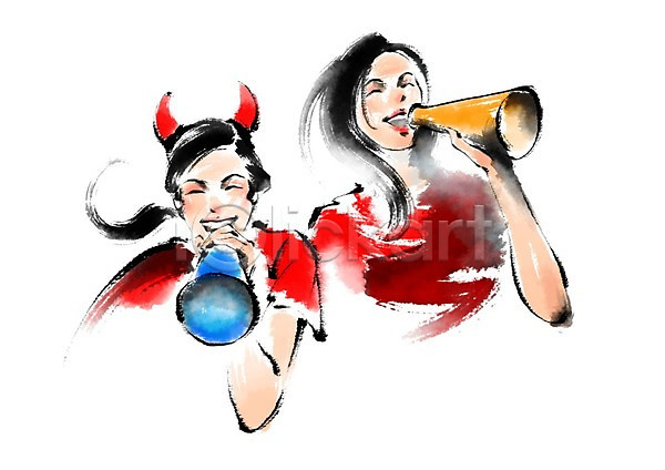 즐거움 두명 여자 PSD 앞모습 일러스트 들기 미소(표정) 붉은악마 상반신 외침 월드싸커 응원 캘리그라피 확성기