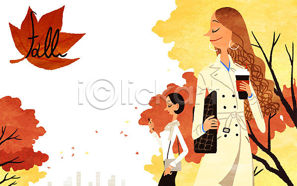 두명 성인 여자 PSD 일러스트 가을(계절) 나무 낙엽 라이프스타일 우먼라이프 종이컵 커피 트렌치코트