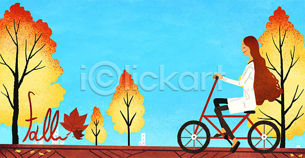 산책 성인 여자 한명 PSD 일러스트 가을(계절) 나무 낙엽 라이프스타일 우먼라이프 자전거