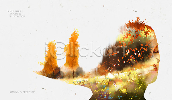 성인 여자 한명 PSD 옆모습 일러스트 가을(계절) 가을배경 꽃 나무 눈감음 다중노출 단풍 백그라운드 숲