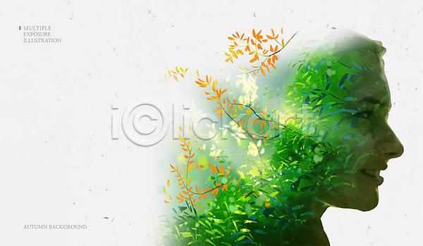 성인 여자 한명 PSD 옆모습 일러스트 가을(계절) 가을배경 나뭇잎 다중노출 백그라운드 숲