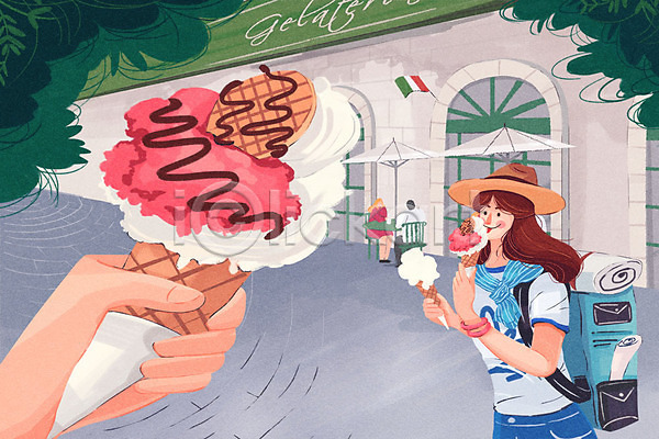 성인 여러명 여자 PSD 일러스트 거리 배낭 세계여행 아이스크림 아이스크림콘 여행 이탈리아 이탈리아국기 젤라또 카페 파라솔 해외여행
