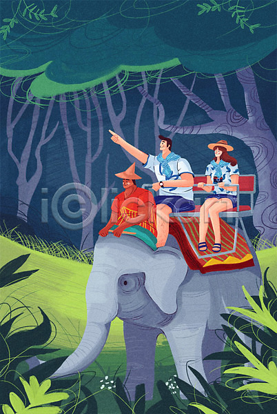 남자 성인 세명 여자 PSD 일러스트 나무 세계여행 숲 여행 코끼리 코끼리트래킹 태국 태국여행 풀잎 해외여행