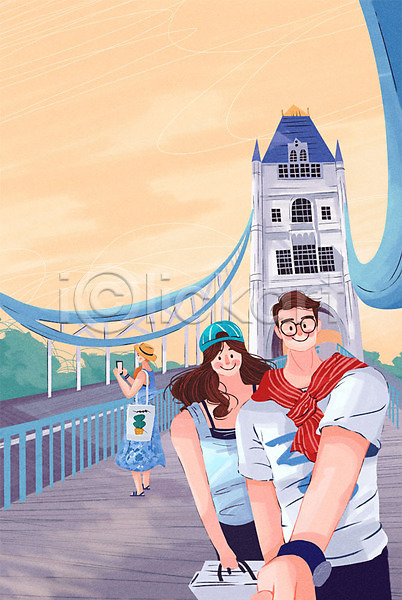 남자 성인 세명 여자 PSD 일러스트 노을 런던 런던브릿지 세계여행 셀프카메라 야외 여행 커플 해외여행