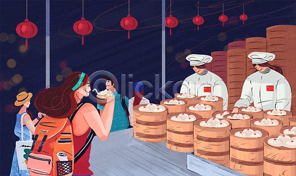 남자 성인 여러명 여자 PSD 일러스트 딤섬 만두 배낭 세계여행 야시장 여행 요리사 요리사모자 중국 중국여행 해외여행 홍등