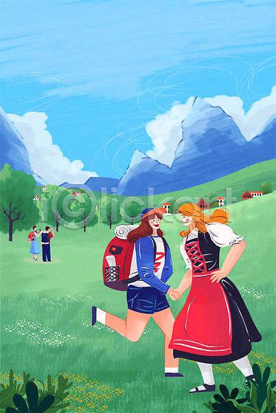남자 성인 여러명 여자 PSD 일러스트 나무 배낭 산 세계여행 스위스전통의상 알프스 알프스산 야외 여행 자연 주간 초원(자연) 해외여행
