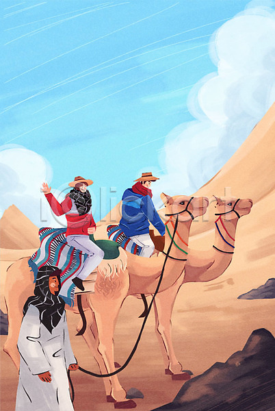 남자 성인 세명 여자 PSD 일러스트 낙타 사막 세계여행 야외 여행 인도(나라) 주간 해외여행